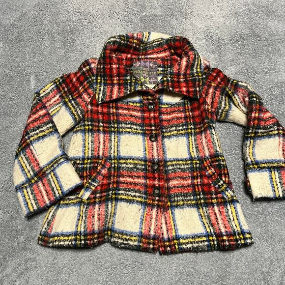 Free People Tartan Plaid Sweater Womens Small Tweed Wool Collar Coat Jacket - Picture 1 of 8